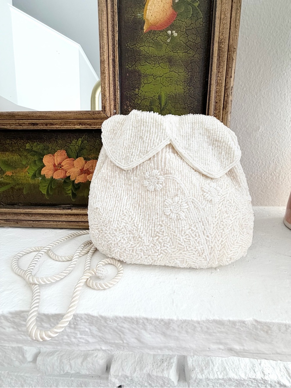 Vintage White Beaded Floral Shoulder Bag Bridal Evening Purse